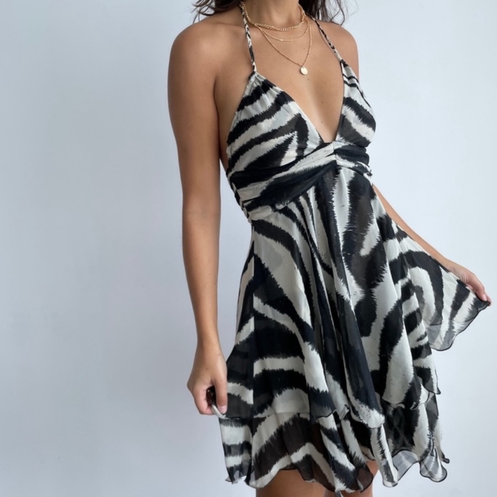 Roberto Cavalli for H&M 100% silk zebra print tiered halter mini dress size 6